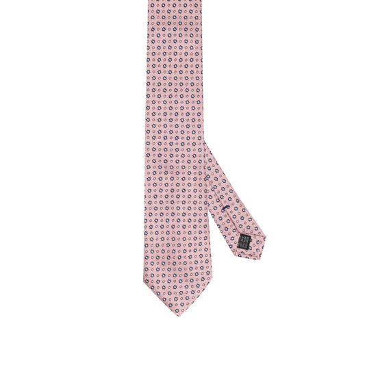 Cravatta in seta italiana al 100% rosa cipria con motivo floreale micro blu