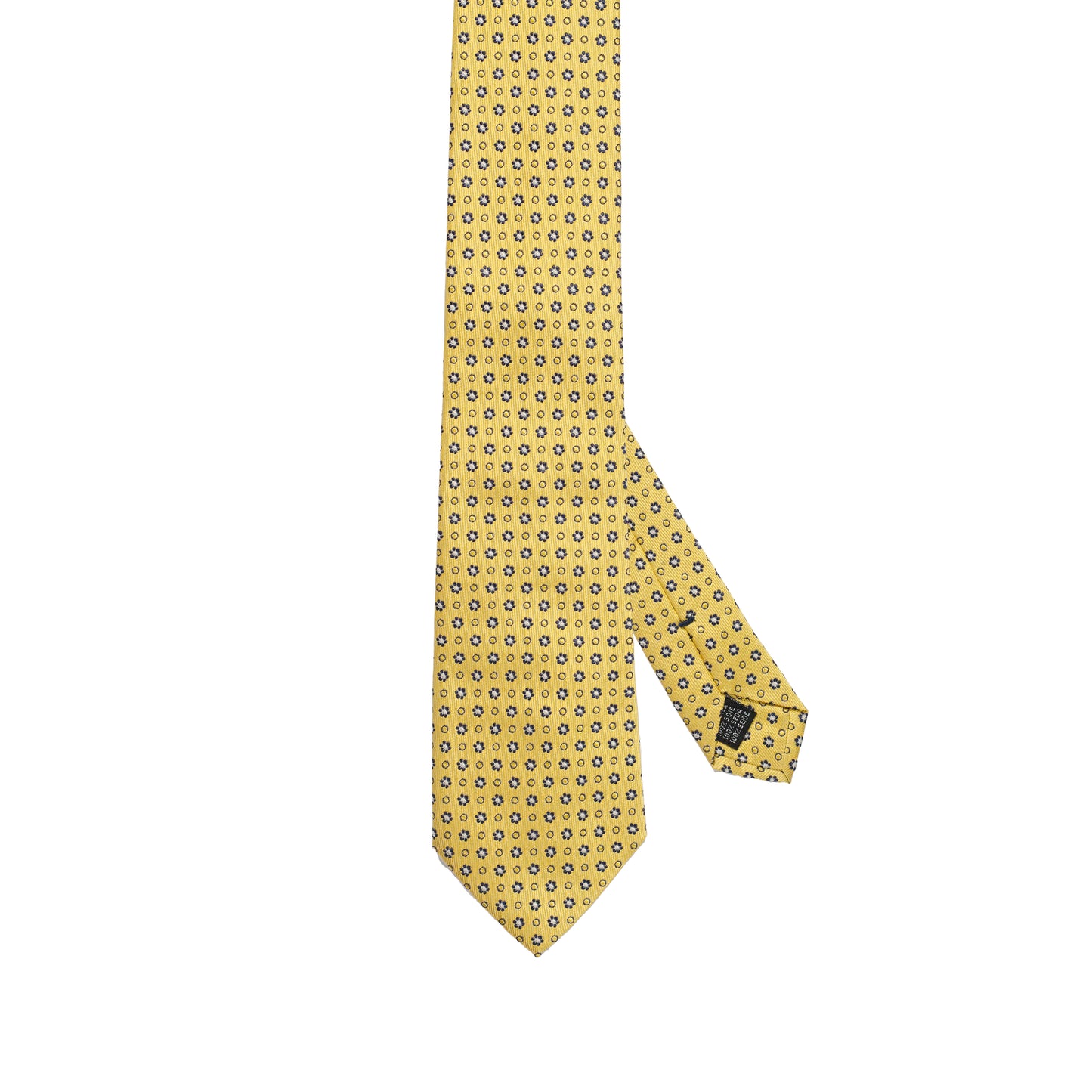 Cravatta in pura seta italiana al 100% giallo caldo con motivo floreale blu micro