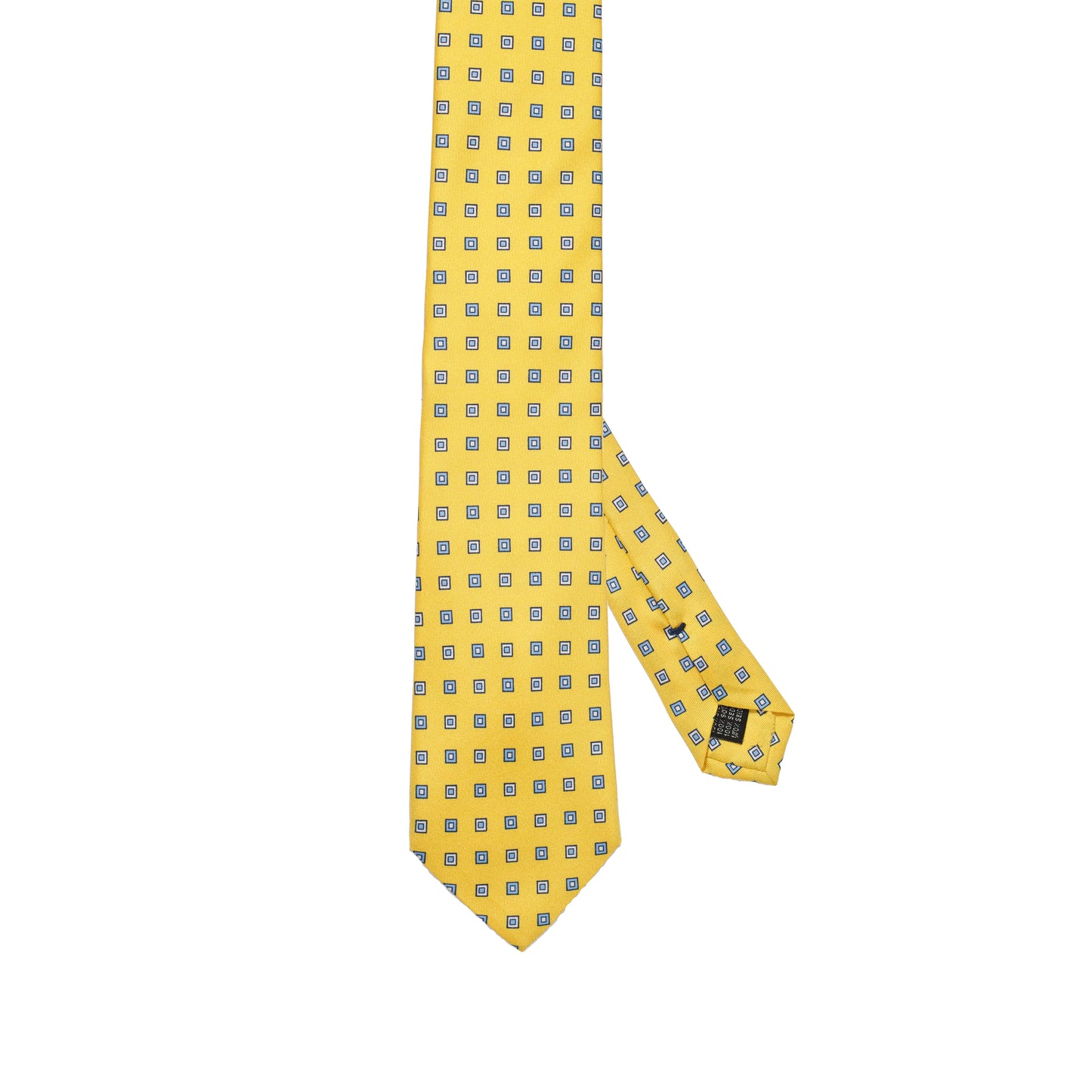 Cravatta in pura seta italiana al 100% di colore giallo brillante con un elegante motivo micro geometrico blu e bianco