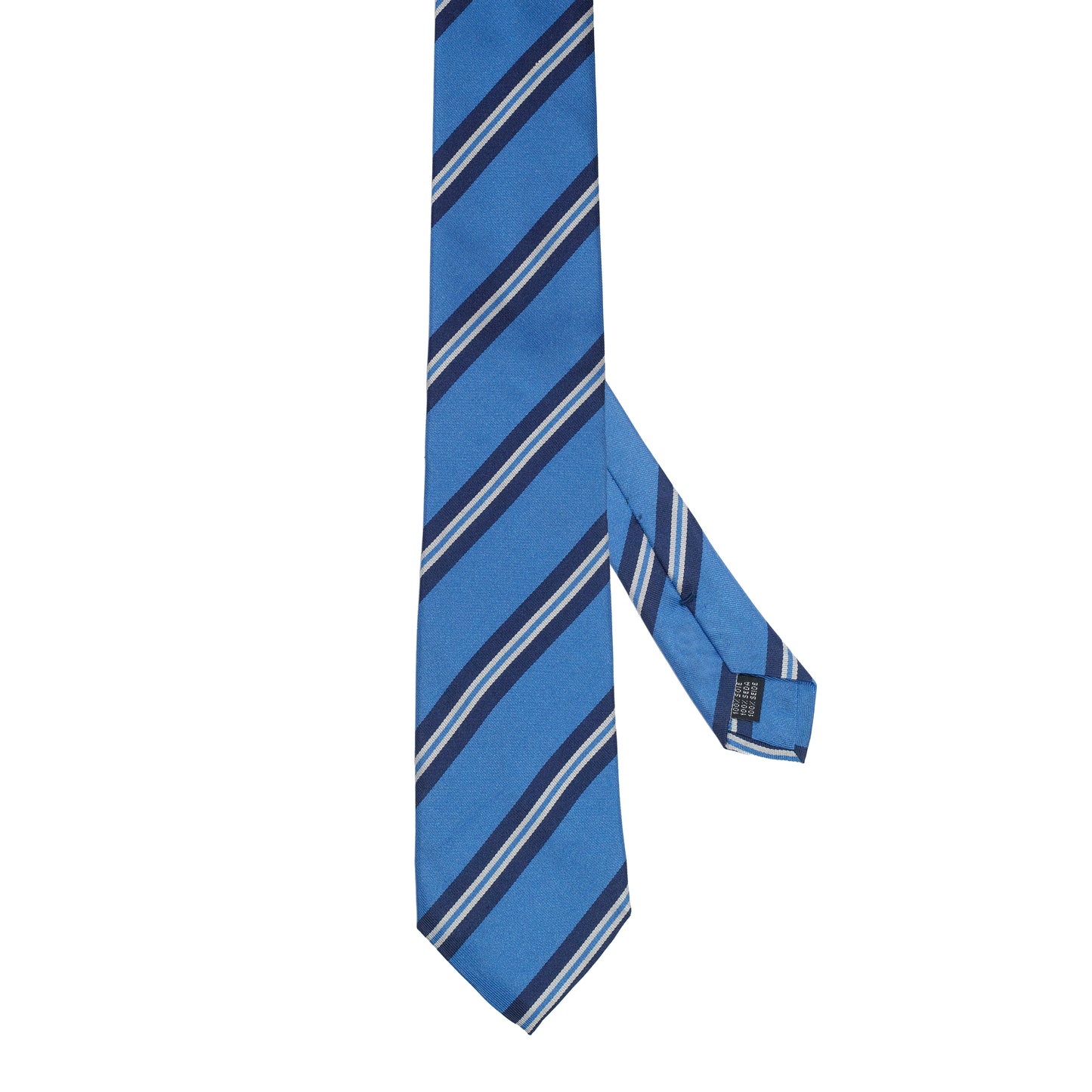 Cravatta in seta italiana al 100% blu brillante con righe azzurre e avorio