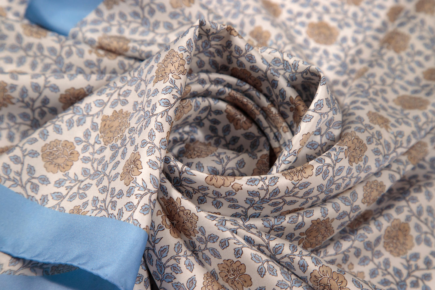 White and Light Blue Mini Foliage Silk Scarf