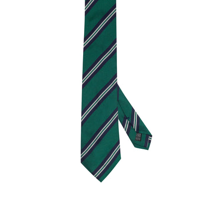 Cravatta verde inglese in seta italiana al 100% con righe reggimentali blu navy