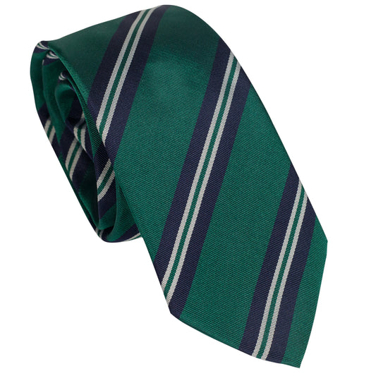 Cravatta verde inglese in seta italiana al 100% con righe reggimentali blu navy