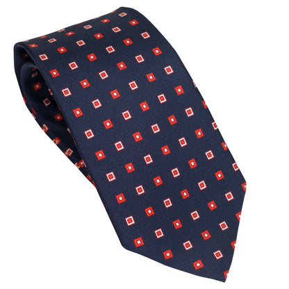 Navy Blue 100% Italian Silk Tie With Square Pattern