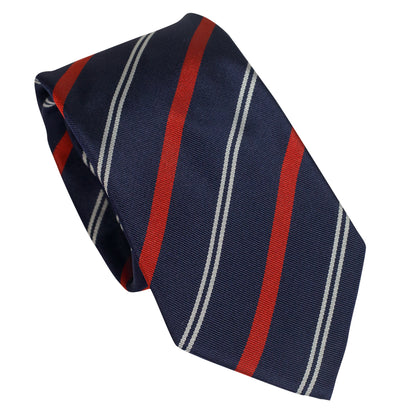 Cravatta blu navy in seta italiana al 100% con righe rosse e avorio