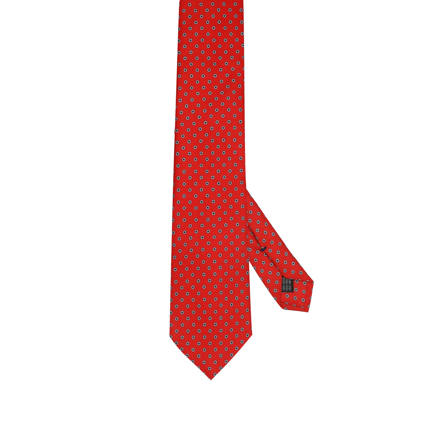 Cravatta in seta italiana al 100% rosso brillante con motivo floreale a pois blu