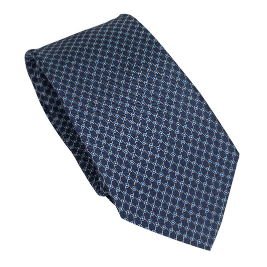 Cravatta in seta italiana 100% blu navy con motivo micro geometrico azzurro