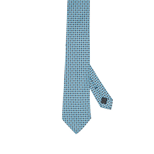 Cravatta in seta italiana al 100% azzurra con motivo a rosetta micro floreale