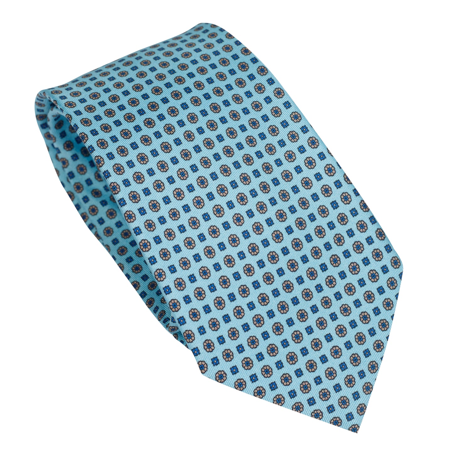 Cravatta in seta italiana al 100% azzurra con motivo a rosetta micro floreale