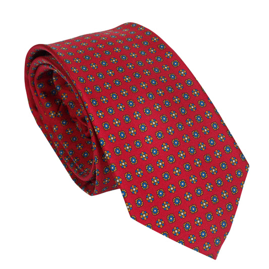 Cravatta in seta italiana al 100% rosso brillante con motivo floreale micro blu