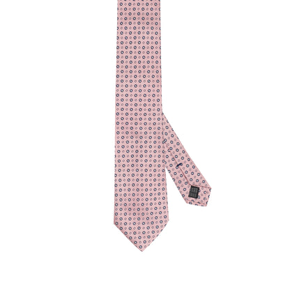 Cravatta in seta italiana al 100% rosa cipria con motivo floreale micro blu