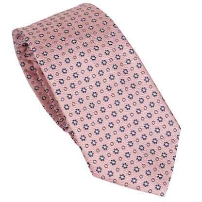 Cravatta in seta italiana al 100% rosa cipria con motivo floreale micro blu