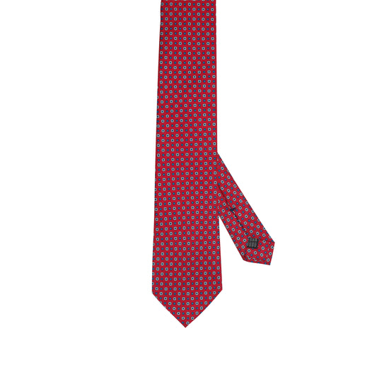 Cravatta classica rossa in seta italiana al 100% con motivo micro geometrico blu