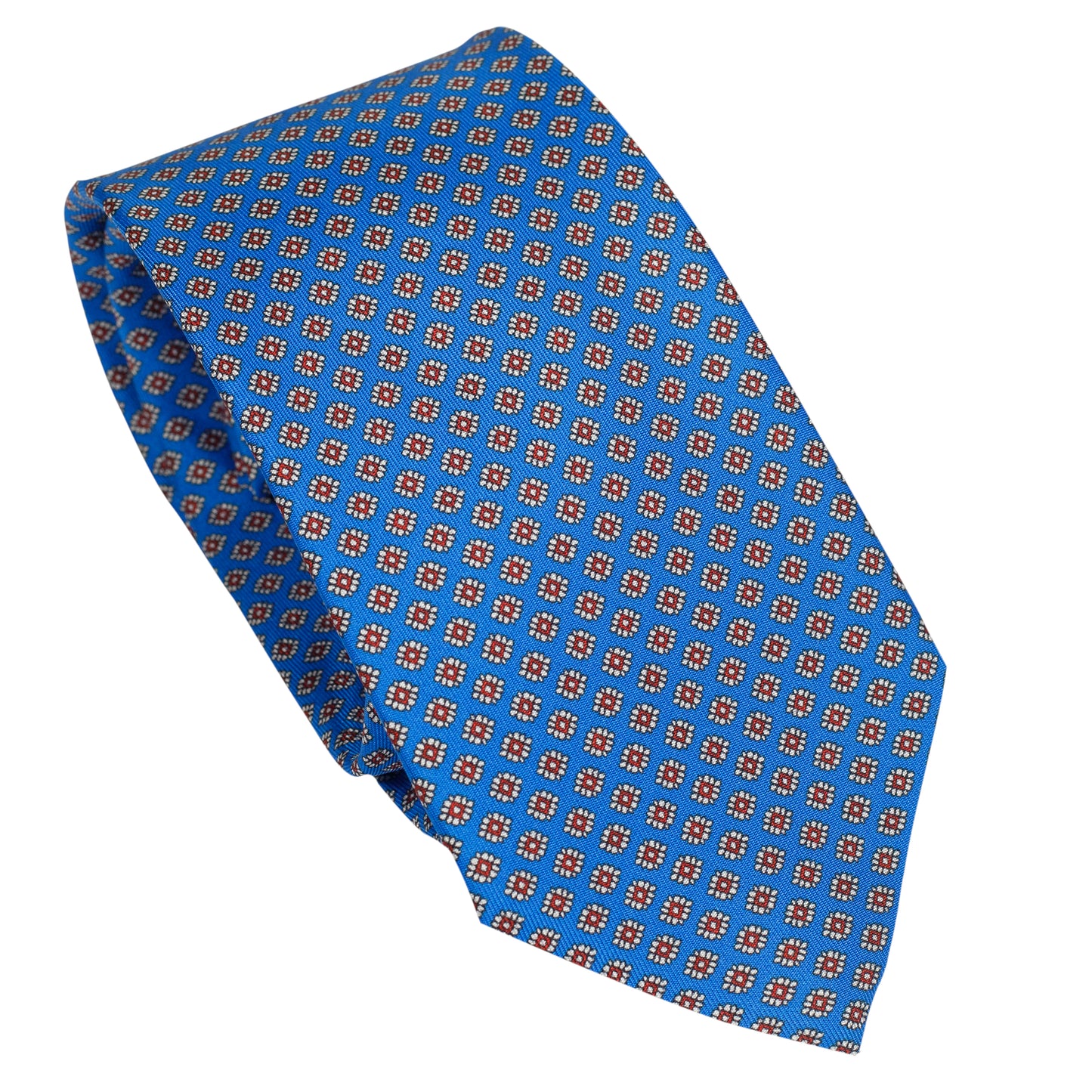 Cravatta in seta italiana al 100% blu brillante con motivo floreale rosso micro