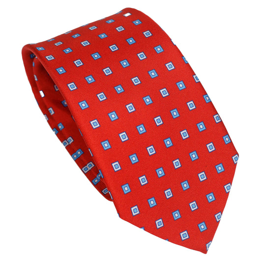 Cravatta in seta italiana al 100% rosso reale con motivo geometrico blu micro royal blue