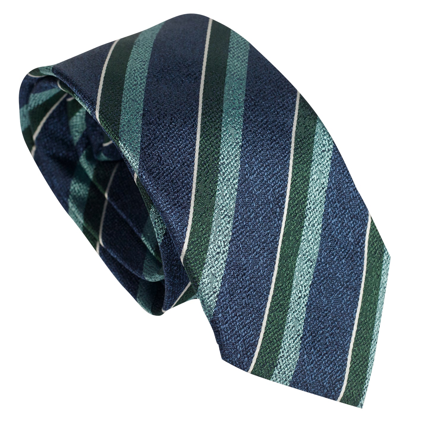 Cravatta blu navy in seta italiana al 100% con righe reggimentali verdi