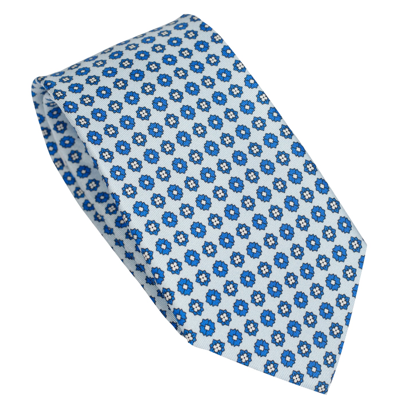 Cravatta in seta italiana al 100% celeste con motivo floreale micro blu