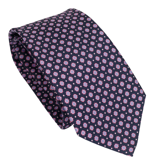 Cravatta blu notte in seta italiana al 100% con motivo floreale rosa