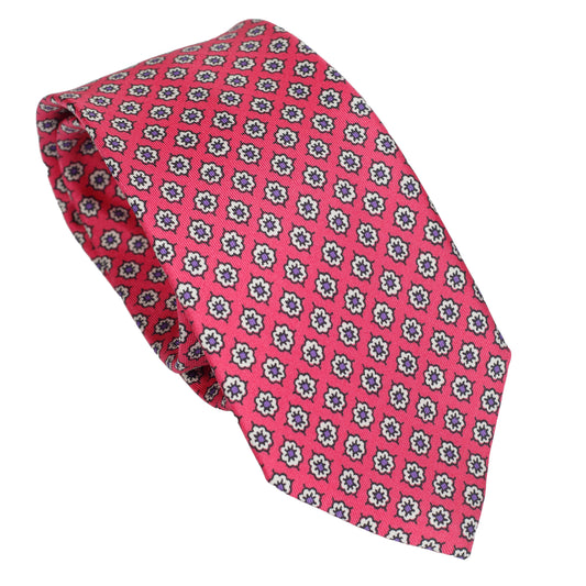 Cravatta in seta italiana al 100% color rosso anguria con motivo micro floreale