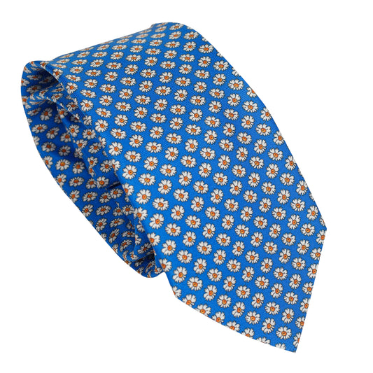 Cravatta azzurra in seta italiana al 100% con fantasia floreale audace e stravagante