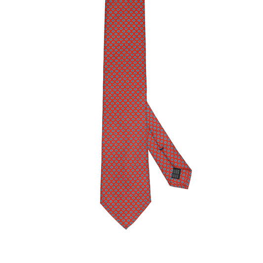 Cravatta in seta italiana al 100% rosso intenso con motivo a quadri floreali blu