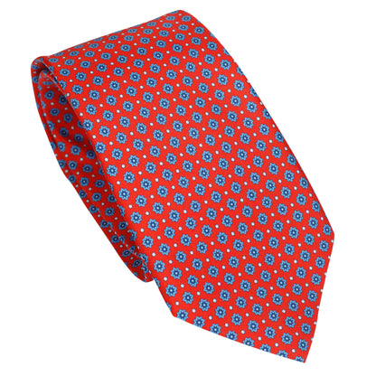 Cravatta in seta italiana al 100% rosso brillante con motivo blu e avorio