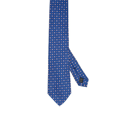 Cravatta in seta italiana al 100% blu reale con motivo geometrico a quadrati rosa