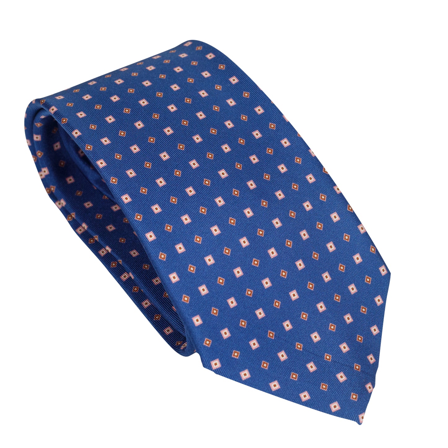 Cravatta in seta italiana al 100% blu reale con motivo geometrico a quadrati rosa