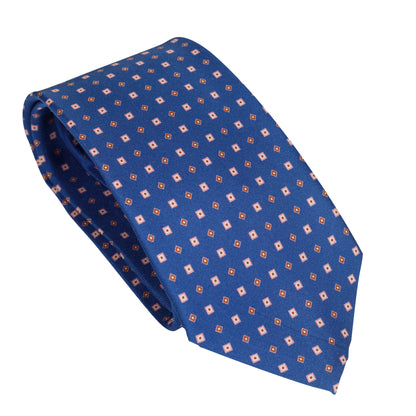 Cravatta in seta italiana al 100% blu reale con motivo geometrico a quadrati rosa