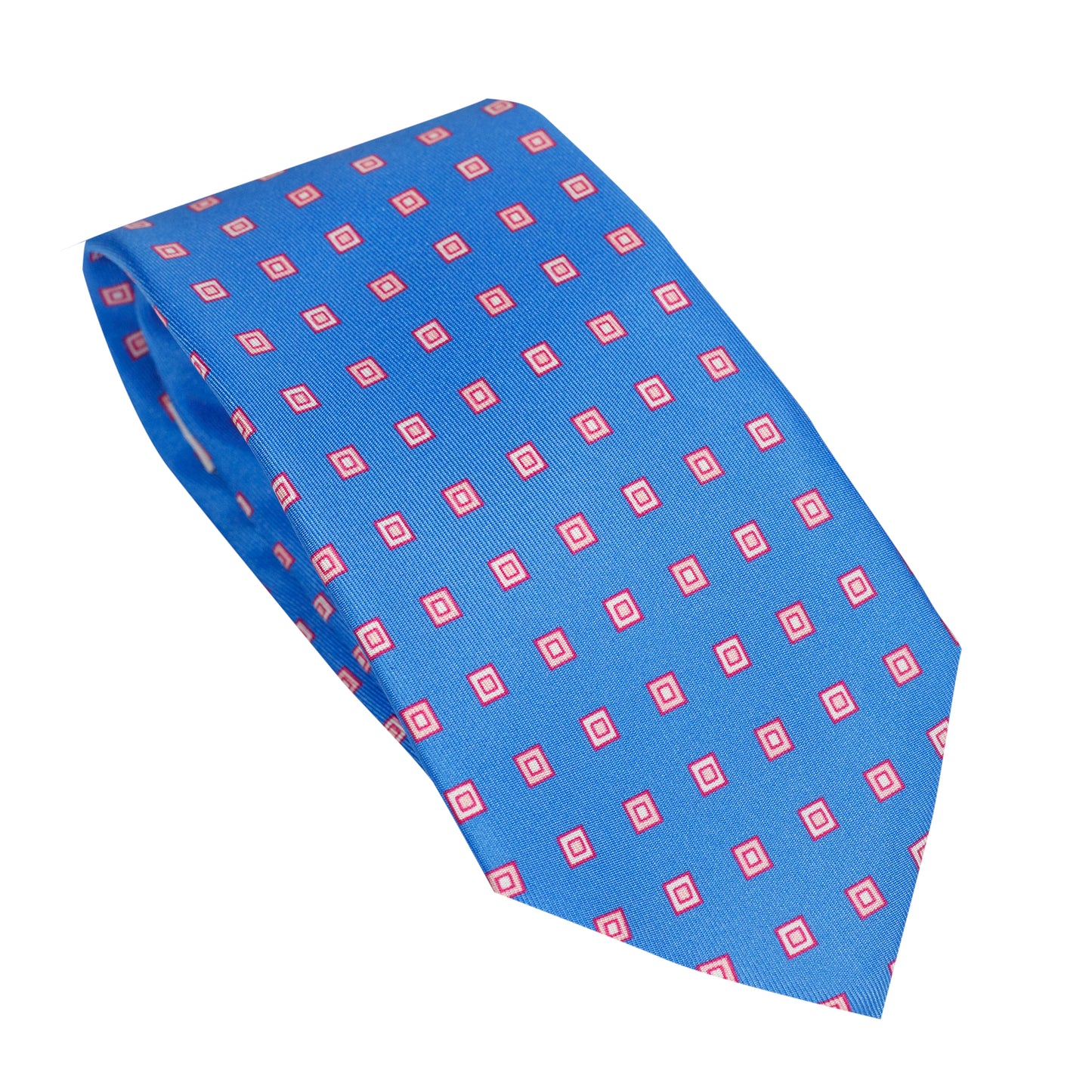 Cravatta in seta italiana al 100% blu brillante con motivo a quadrati rosa
