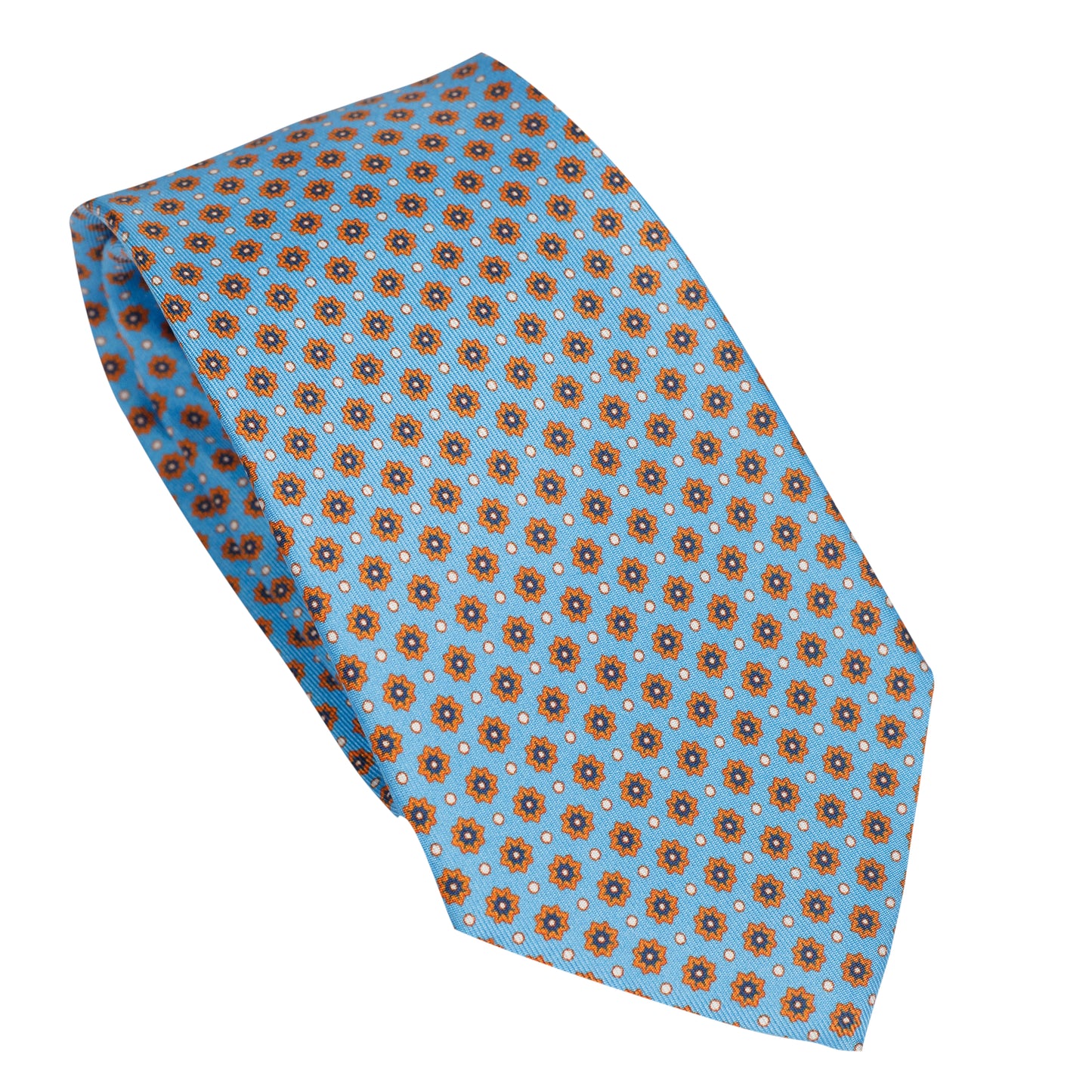 Cravatta in seta italiana al 100% celeste con motivo micro arancione bruciato