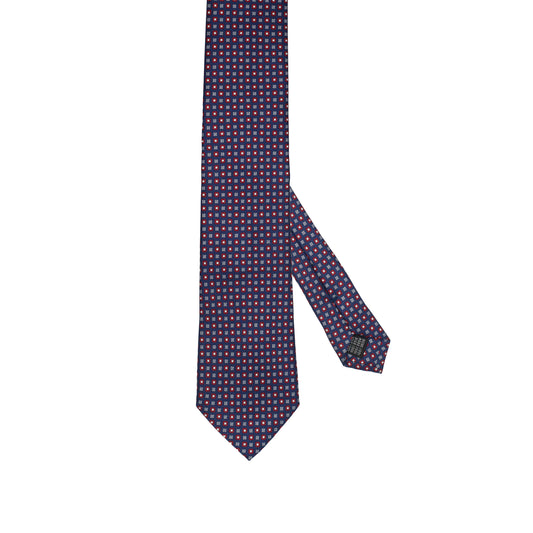 Cravatta blu notte in seta italiana al 100% con motivo micro rosso