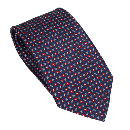 Cravatta blu notte in seta italiana al 100% con motivo micro rosso