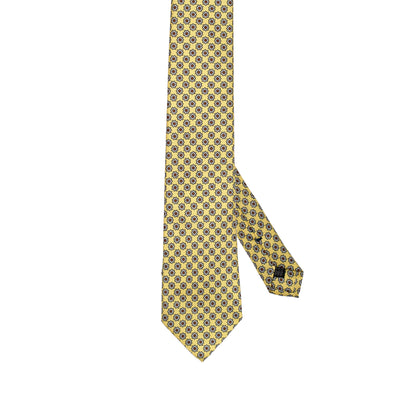 Cravatta in pura seta italiana al 100% giallo intenso con motivo a micro medaglioni blu e bordeaux