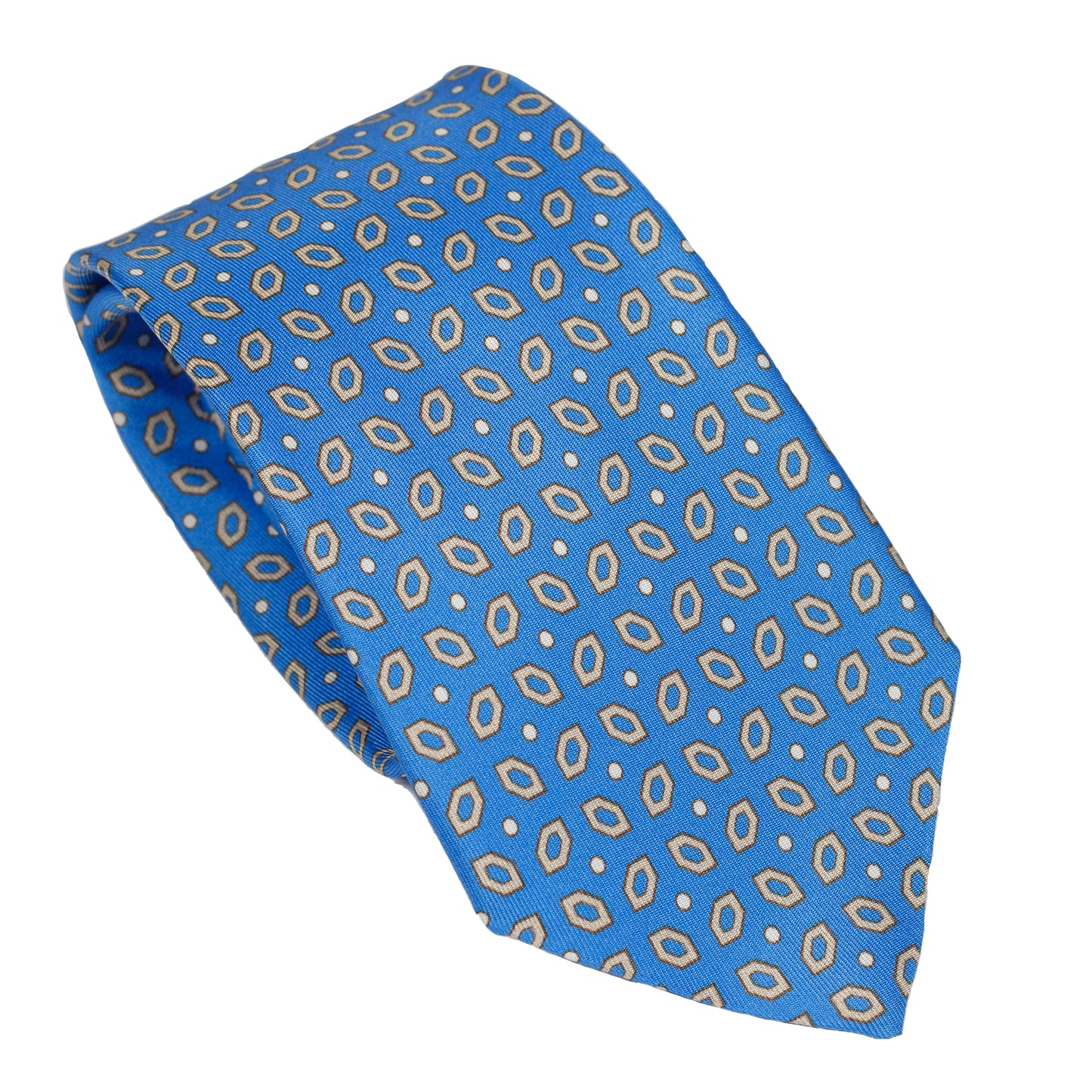 Cravatta in seta italiana al 100%, colore azzurro brillante, con motivo ovale ripetuto