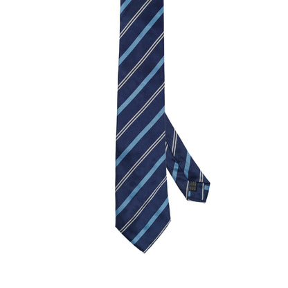 Cravatta blu navy in seta italiana al 100% con righe reggimentali azzurre 