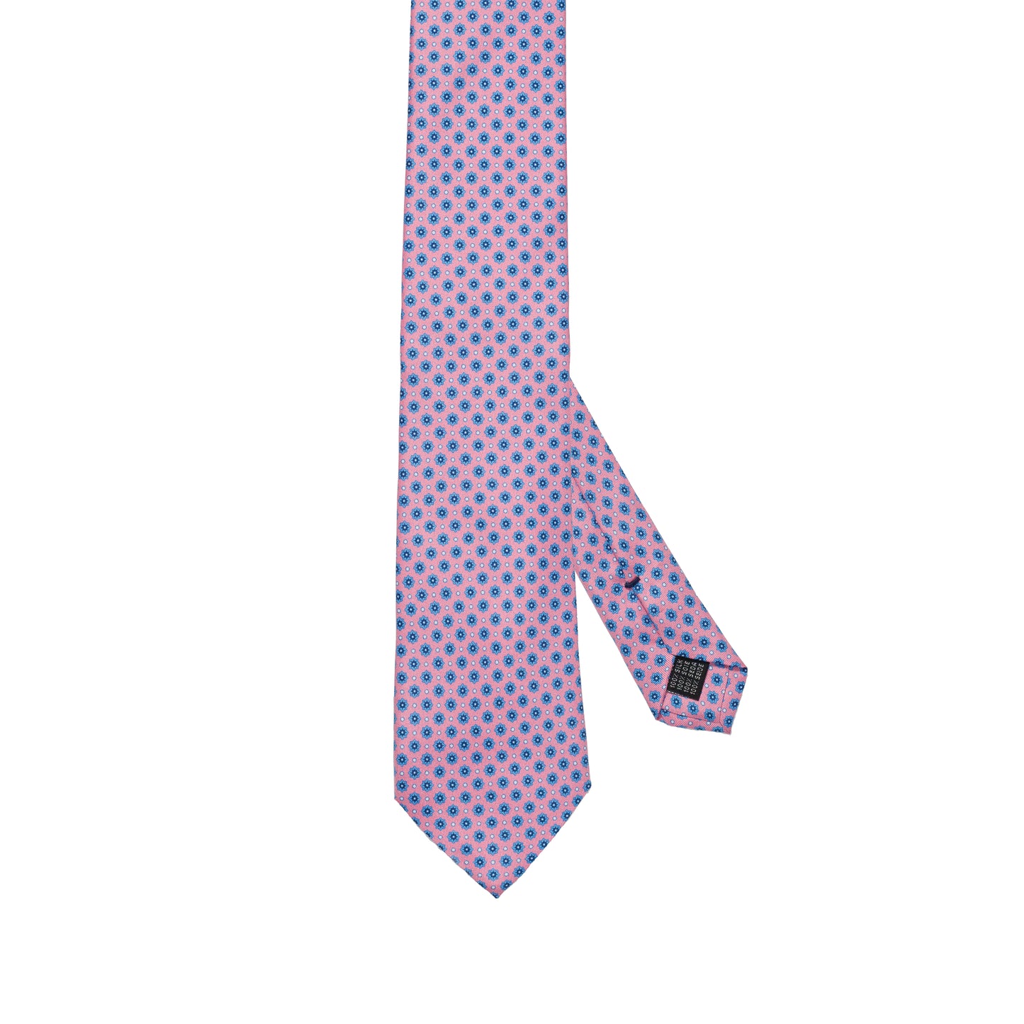Cravatta in pura seta italiana al 100% color rosa carbone con motivo floreale blu