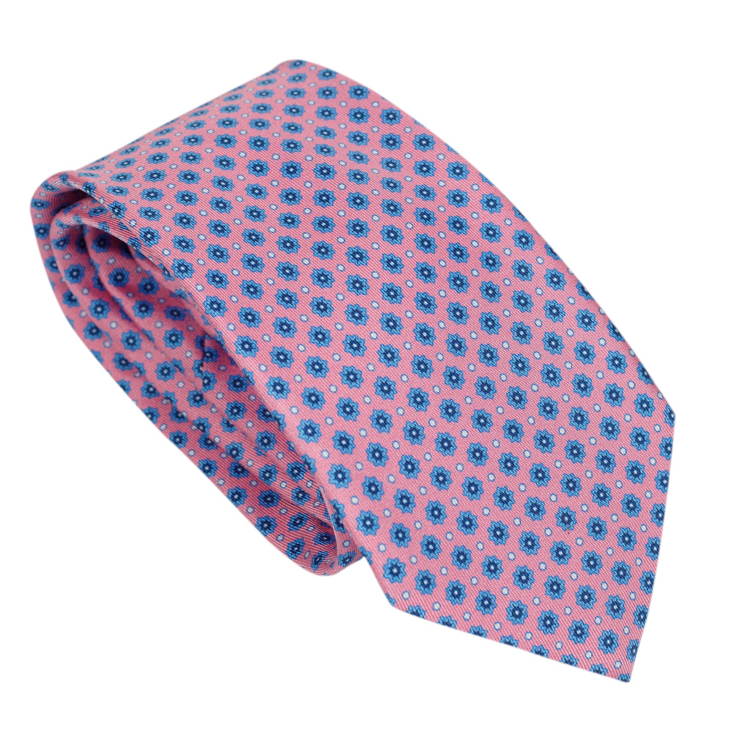 Cravatta in pura seta italiana al 100% color rosa carbone con motivo floreale blu