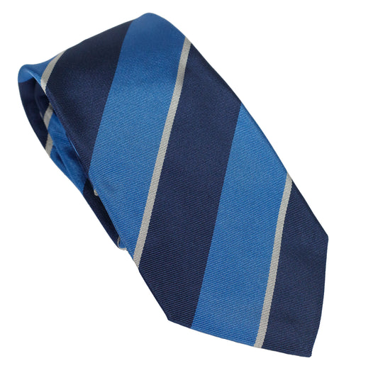 Cravatta in seta italiana al 100% blu brillante con righe reggimentali azzurre