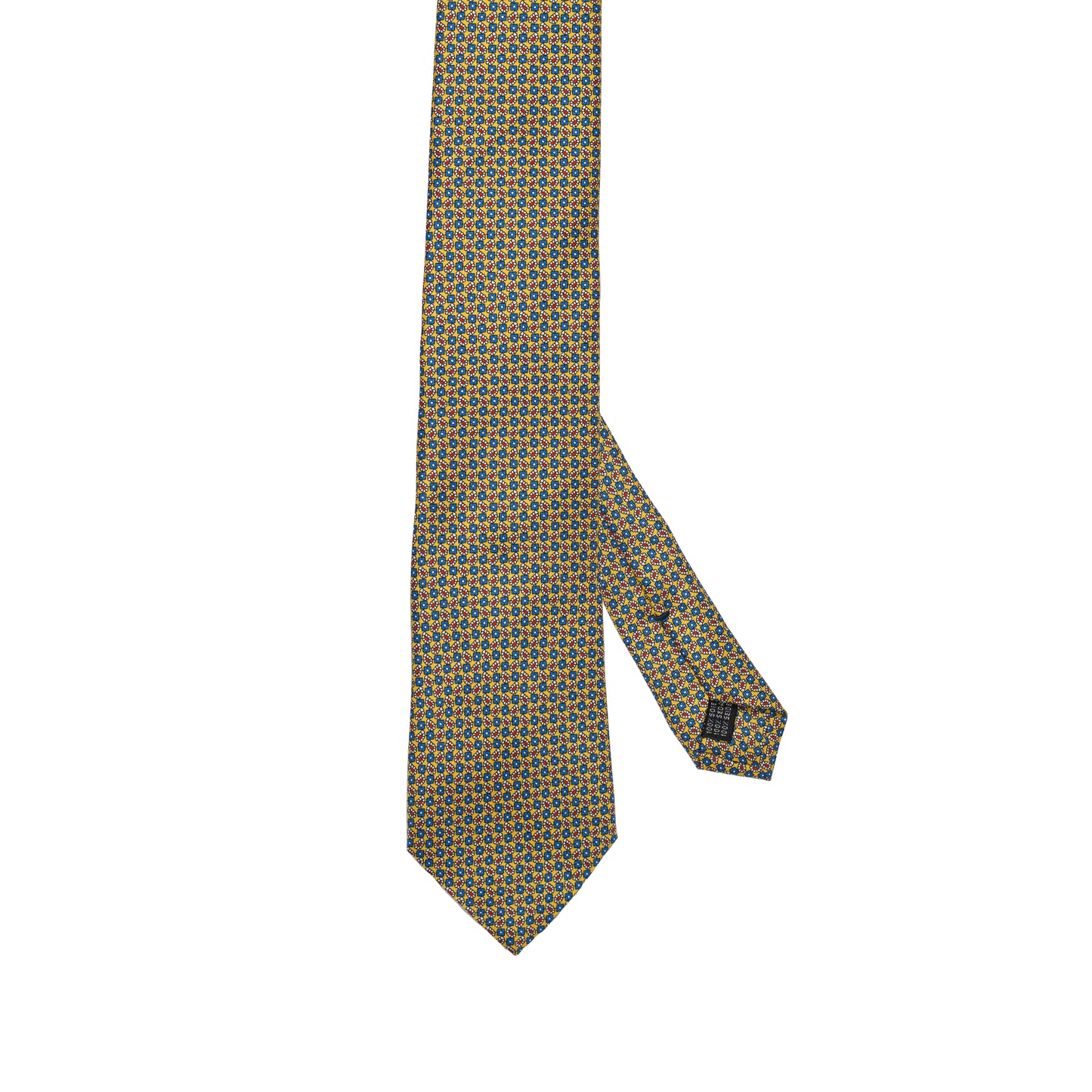 Cravatta in seta italiana al 100% giallo bruciato con motivo micro geometrico verde acqua a contrasto