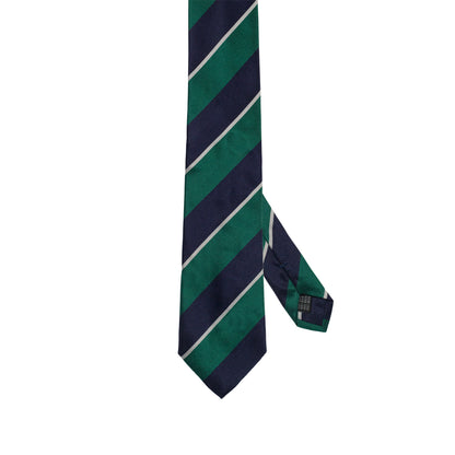 Cravatta verde in seta italiana al 100% con righe reggimentali blu navy