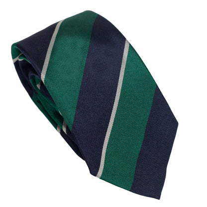 Cravatta verde in seta italiana al 100% con righe reggimentali blu navy