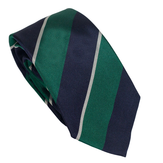 Cravatta verde in seta italiana al 100% con righe reggimentali blu navy