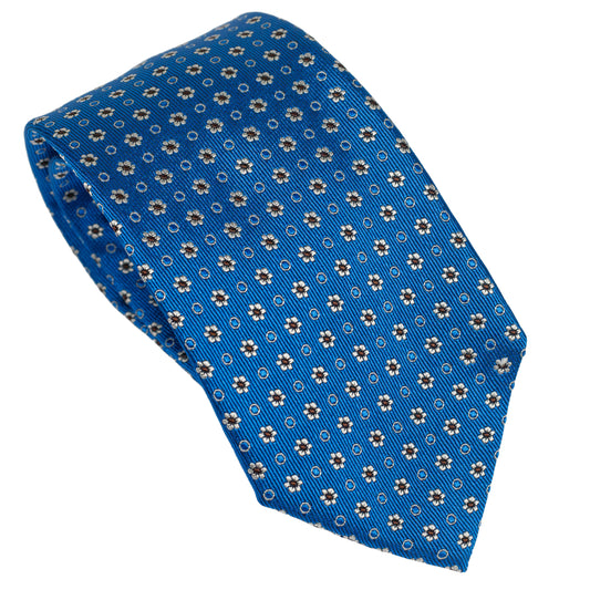 Cravatta in seta italiana al 100% blu brillante con motivo floreale bianco micro