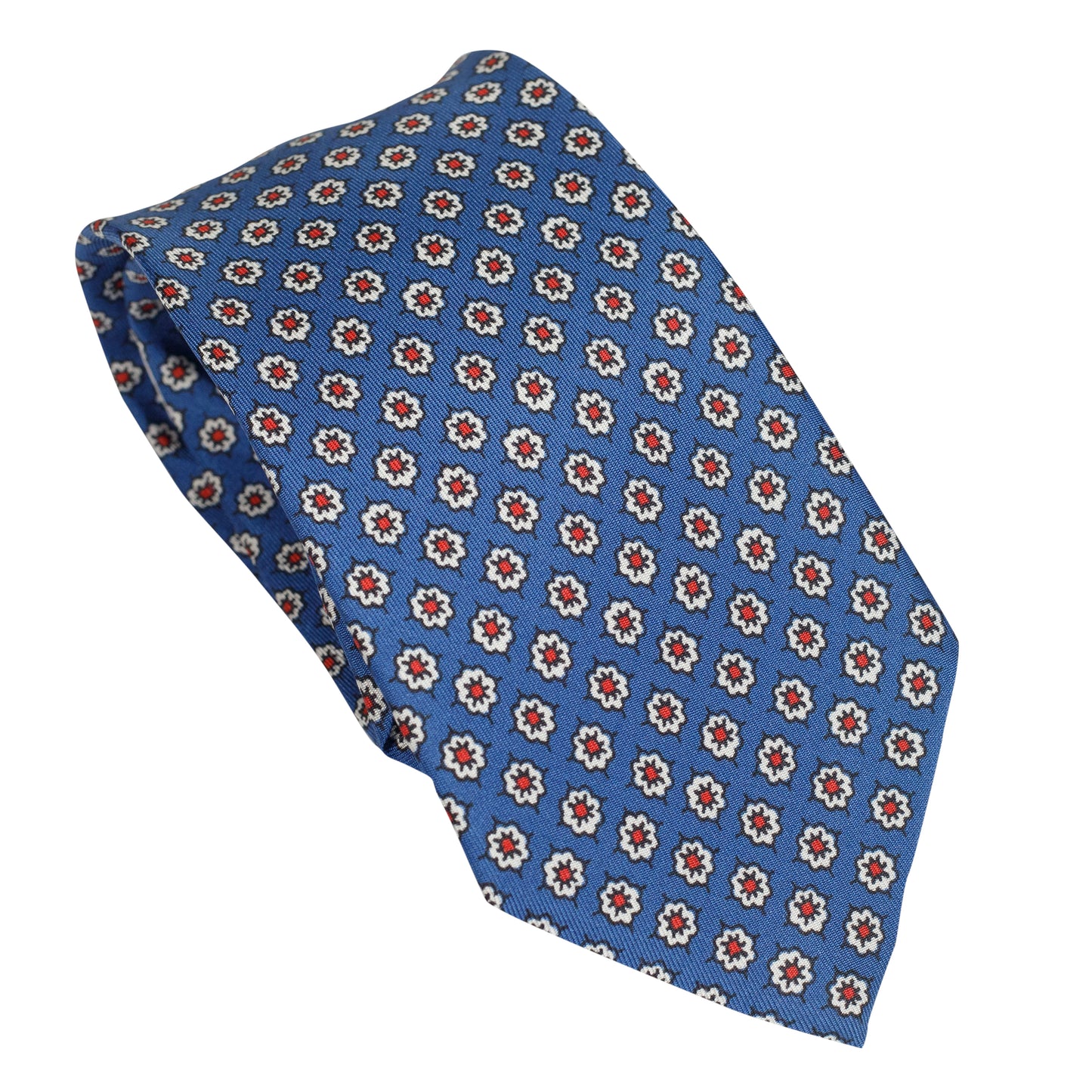 Cravatta in seta italiana 100% blu denim con motivo micro floreale bianco a contrasto