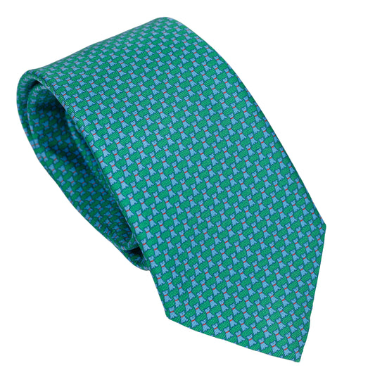 Cravatta verde acqua 100% seta italiana con motivo micro geometrico azzurro