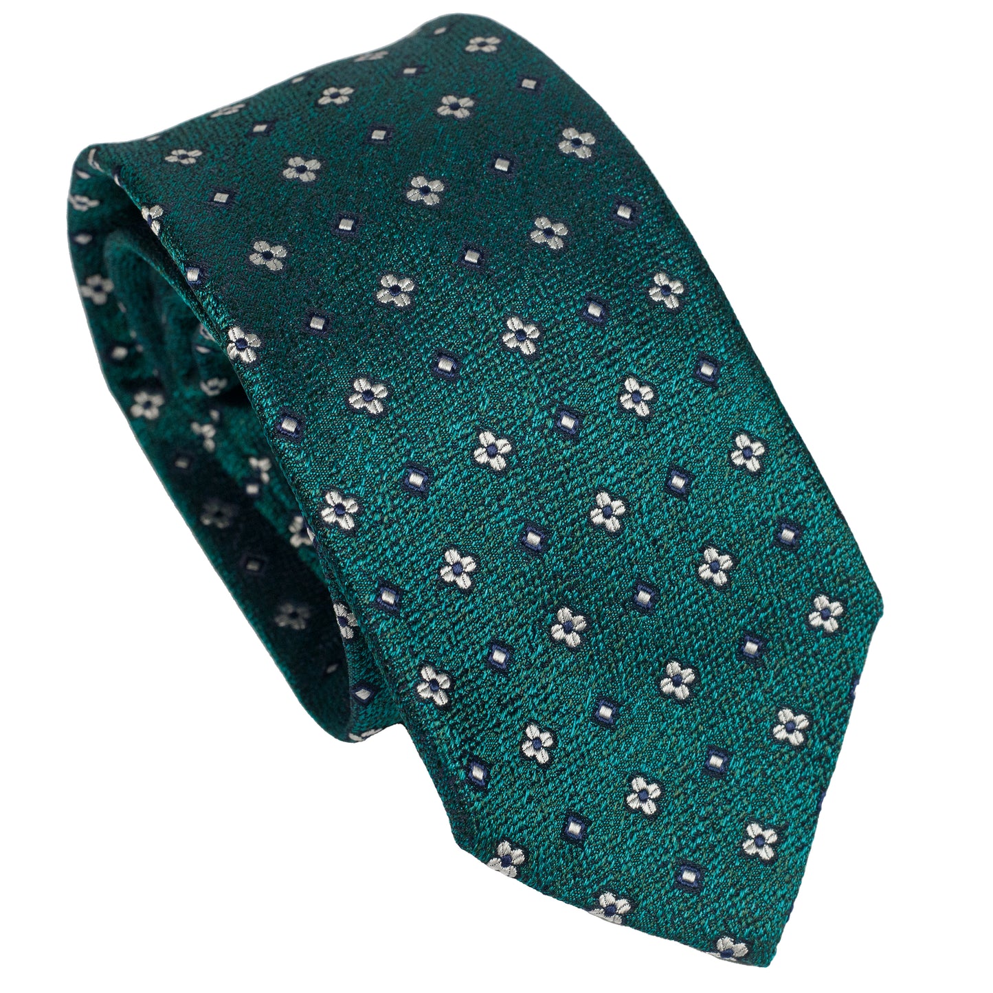 Cravatta in seta italiana al 100% verde scuro con motivo micro floreale