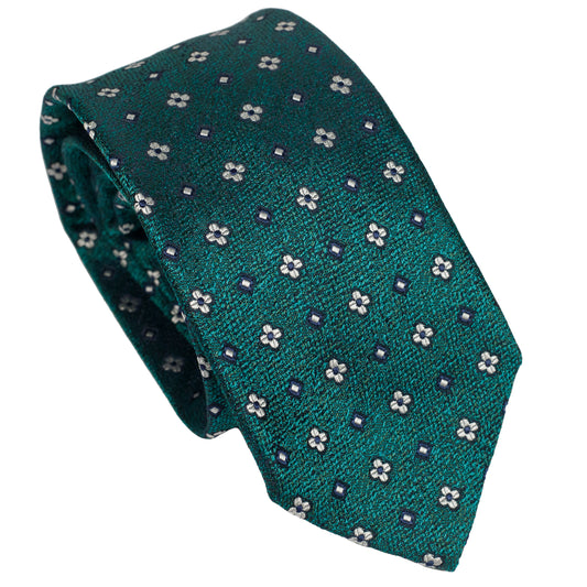 Cravatta in seta italiana al 100% verde scuro con motivo micro floreale