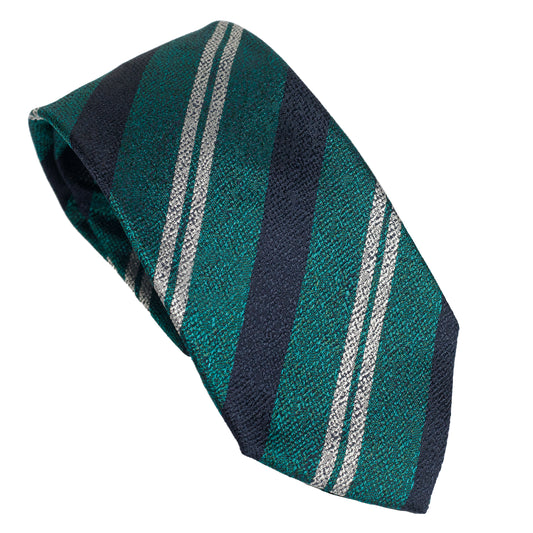 Cravatta verde inglese in seta italiana al 100% con righe diagonali blu navy