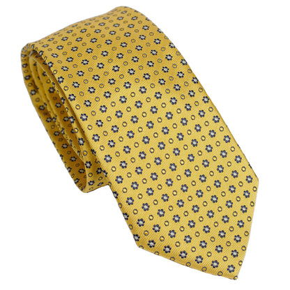 Cravatta in pura seta italiana al 100% giallo caldo con motivo floreale blu micro